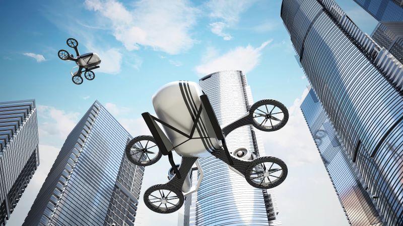 eVTOLS flying around city buildings
