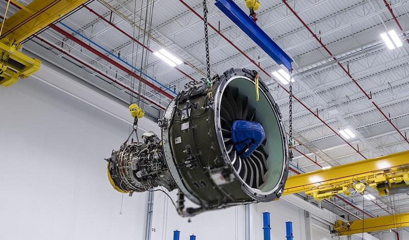 A Pratt &amp; Whitney GTF engine at the manufacturer's Columbus facility.