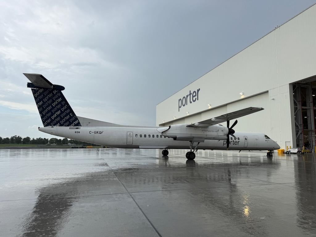 A Porter Dash 8-400 outside the airline’s new 150,000 sq. ft., $125 million aircraft maintenance hangar at Ottawa International Airport