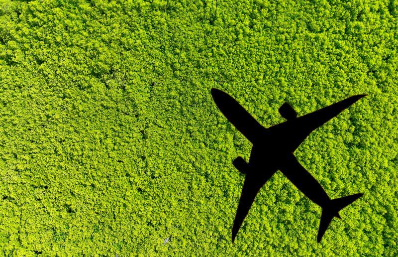 Airplane flying over green grass