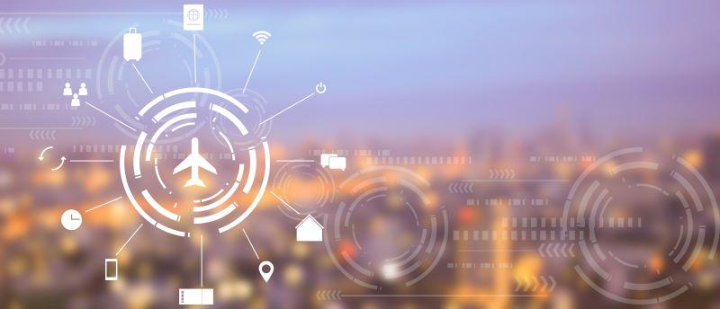 Image of an airplane logo with data logos