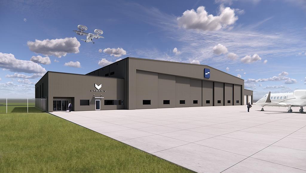 concept art of air taxi landing at hangar