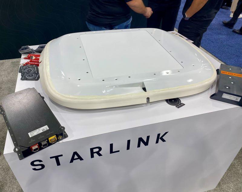 A Starlink Aero Terminal displayed at the NBAA-BACE conference.