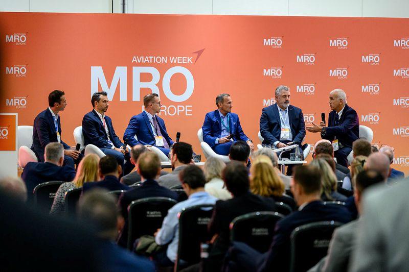 (From left) Massimo Sabella, Klaus-Peter Leinauer, Bo Lump, Basil Papayoti, Enrique Robledo and Olivier Ruffet speaking on a panel about MROs and aging fleets at MRO Europe.