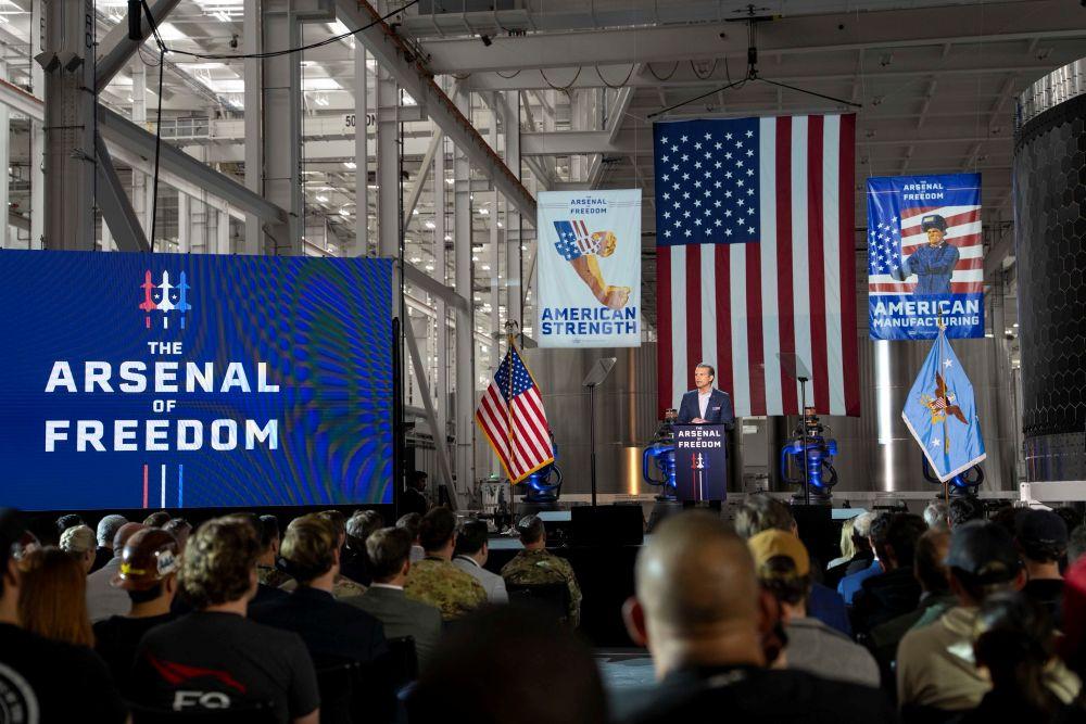 Defense Secretary Pete Hegseth speaks Jan. 12, 2026, at SpaceX's Starbase facilities in Brownsville, Texas. Credit: Defense Dept. 