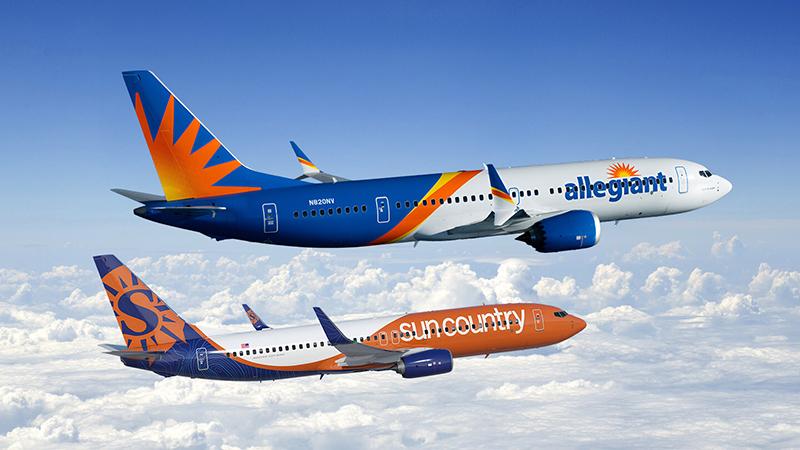 Concept art of Allegiant and Sun Country aircraft flying in sky