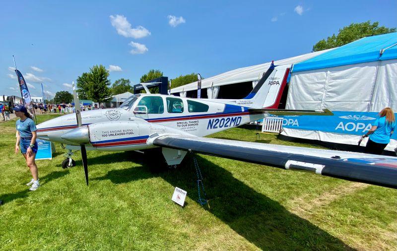 The AOPA has tested unleaded avgas on a Beechcraft Baron demonstration aircraft, shown on display at EAA AirVenture Oshkosh in 2024. 