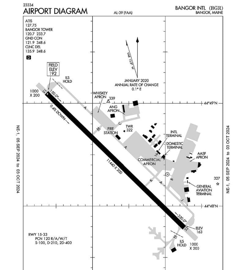 Airport diagram of Bangor International Airport. 
