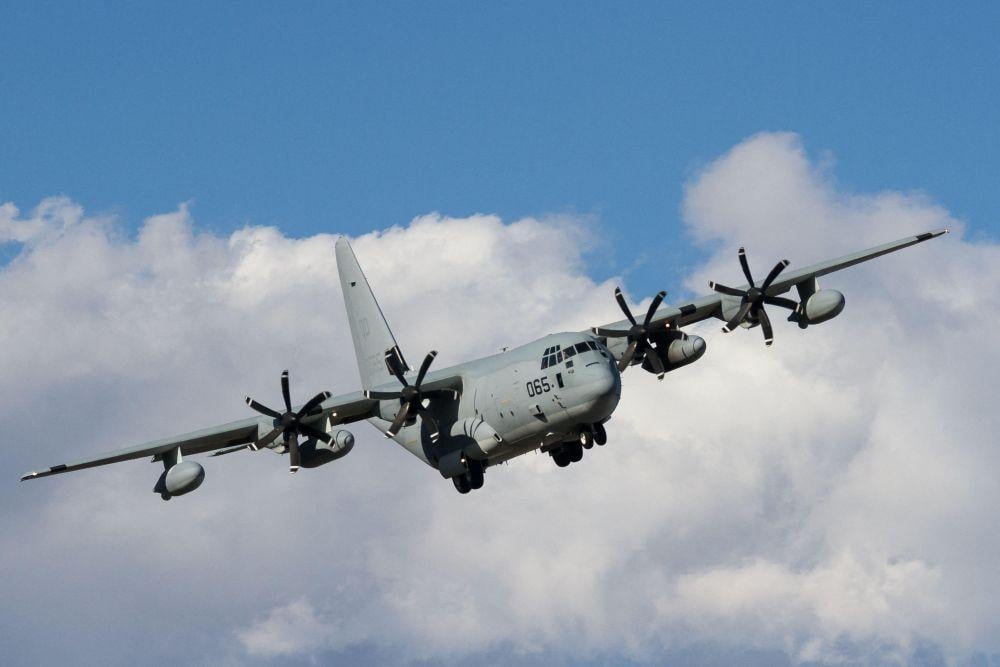 C-130J Hercules aircraft with the US Marines Aerial Refuelling Transport Squadron 152 (VMGR-152) known as the "Sumos" flying near NAF Atsugi. Japan Contributor: Damon Coulter