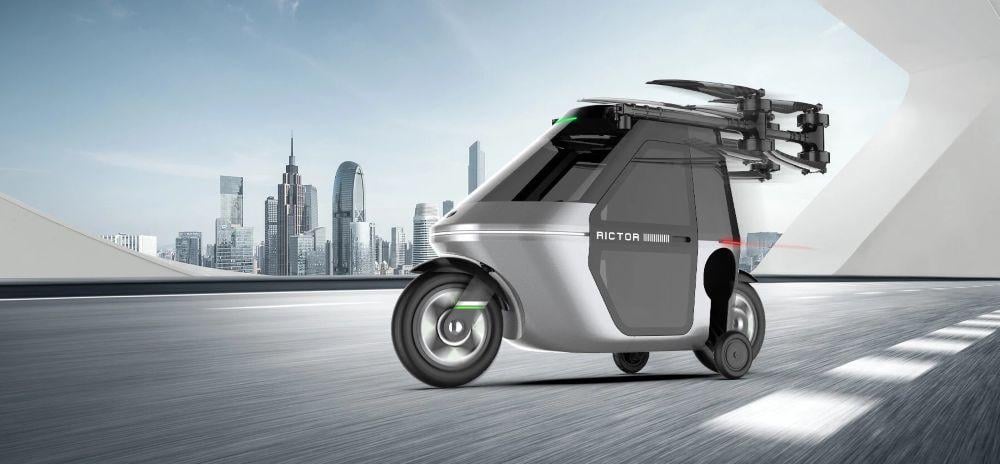 Rictor  Caption – Rictor’s Skyrider X1 is a single-seat eVTOL amphibious flying motorcycle