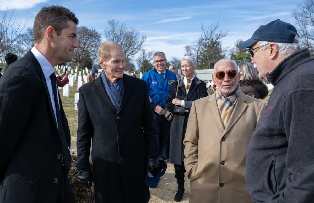 NASA Administrator Jared Isaacman, left, speaks with, second from left to right, former NASA Administrators Bill Nelson, Charles Bolden, and Sean O'Keefe following a wreath laying ceremony as part of NASA's Day of Remembrance, Thursday, Jan. 22, 2026,