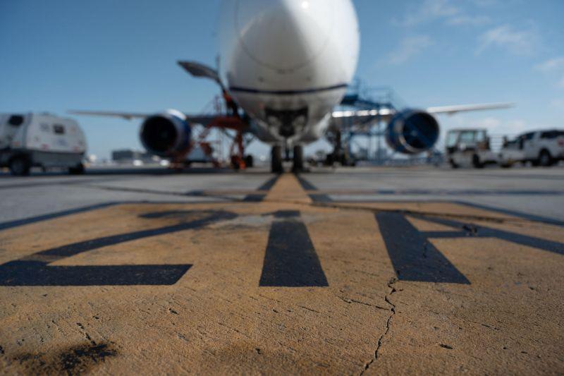 view of the nose and landing gear of an aircraft