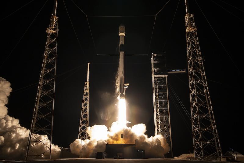 A SpaceX Falcon 9 rocket launches Jan. 27, 2026, from Cape Canaveral SFS, carrying the ninth GPS III satellite for the U.S. Space Force to medium Earth orbit.