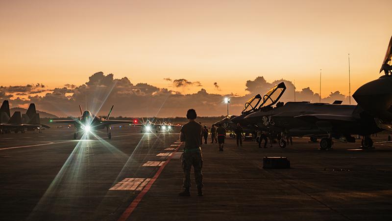 U.S. Air Force Lockheed Martin F-35A Lightning IIs taxiing at sunrise