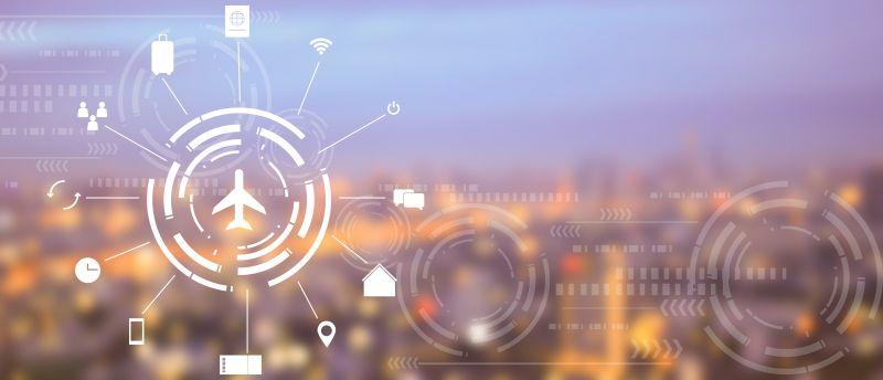 airplane icon surrounded by other icons with a blurred background