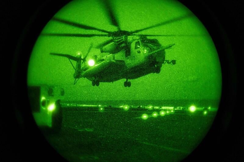 military night vision shot of a helicopter