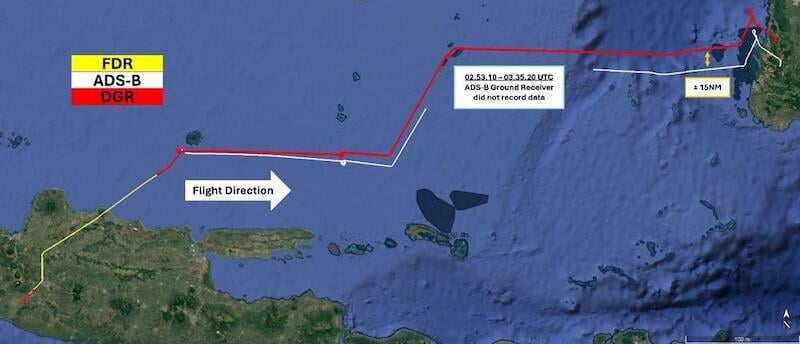 Flight path of ATR72, red line showing actual flight due to degraded GPS data