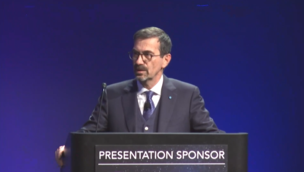 A screenshot of Marco Brancati, SVP Technology and Innovation Governance of Leonardo’s Space Division, speaking Feb. 11, 2026 at the SmallSat Symposium in Mountain View, California. Credit: SmallSat Symposium