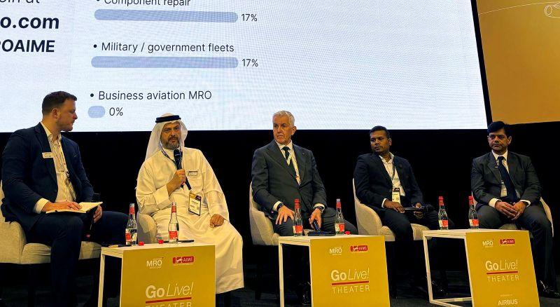(From left): James Pozzi, Ziad Al-Hazmi, Fraser Currie, Mahesh Kumar and Tej Mehta during a panel at MRO Middle East 2026.