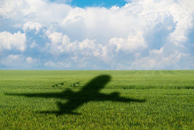 airplane flying over green field