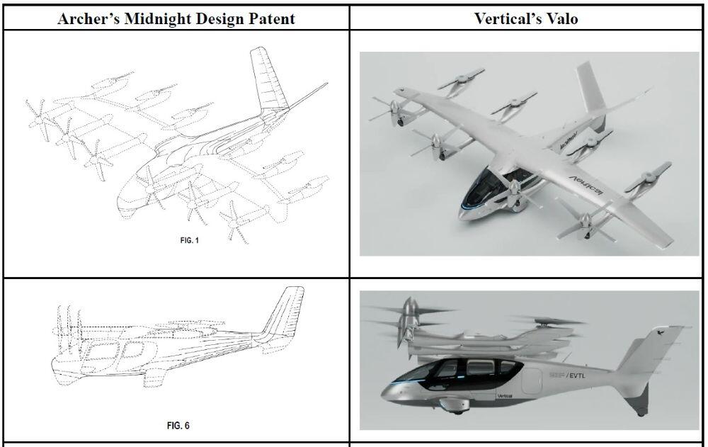 Side-by-side illustrations of the design similarities between Archer’s Midnight and Vertical Aerospace’s Valo were included in Archer’s patent infringement complaint filing.  Credit: Archer Aviation