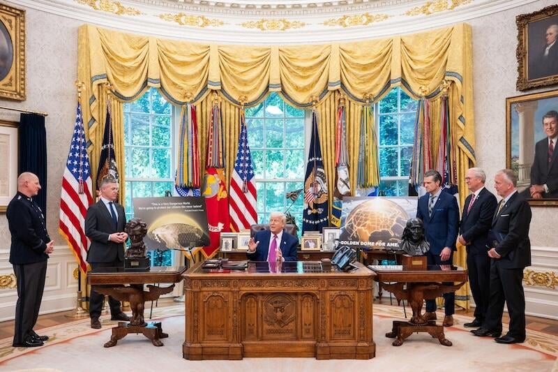 President Donald Trump rolls out his plans for Golden Dome in May 2025, with Gen. Michael Guetlein on the far left.