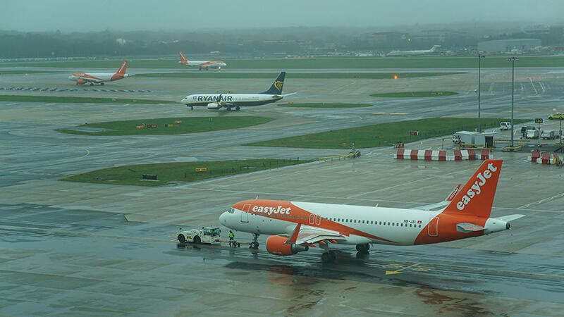 EasyJet aircraft on tarmac with Ryanair and Easyjet aircraft in background