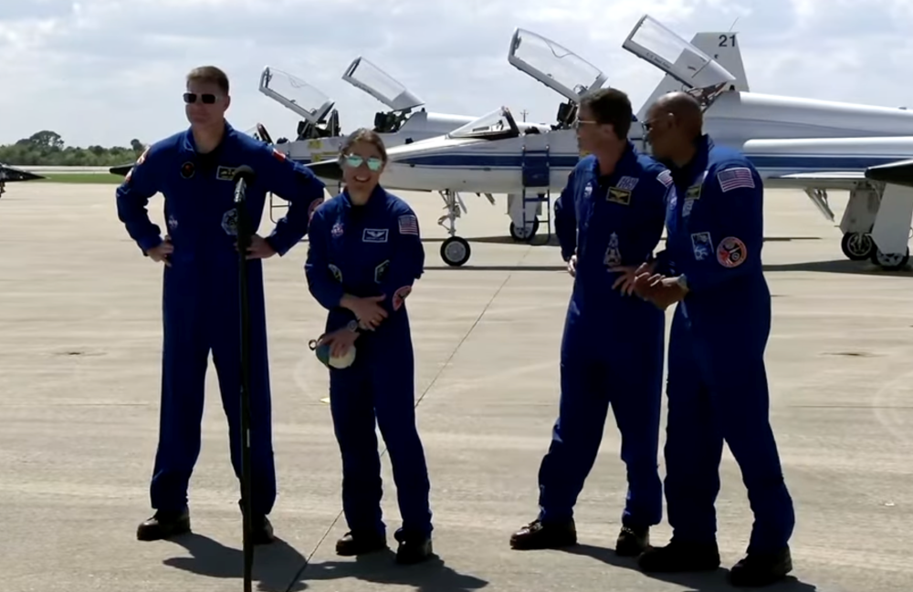 NASA TV  The Artemis II crew from left Jeremy Hansen with the Canadian Space Agency and NASA astronauts Christina Koch, commander Reid Wiseman and pilot Victor Glover arrived at Kennedy Space Center March 27 for launch preparations. 