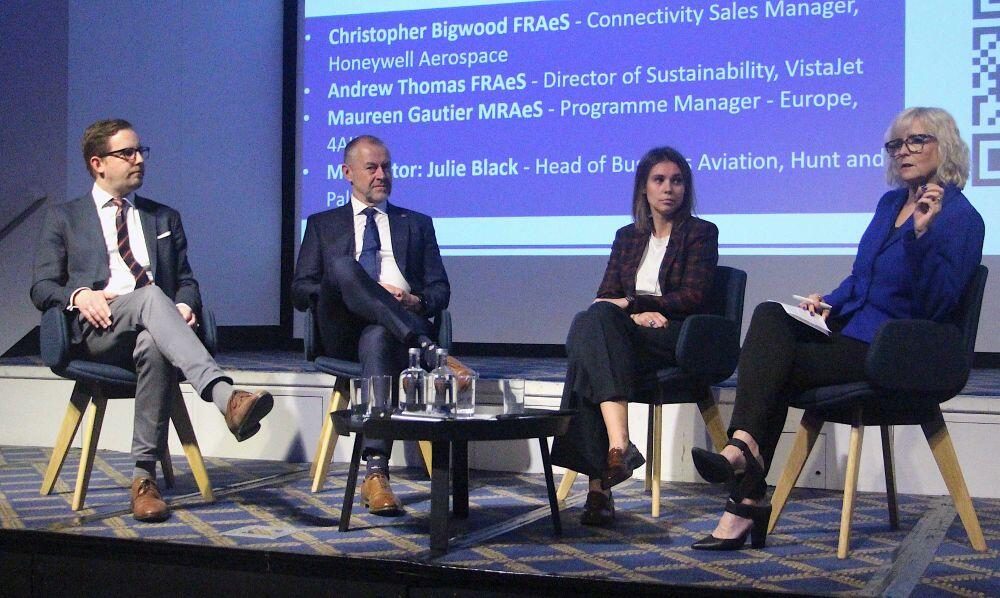 The RAeS panel, from left to right: Vista's Andrew Thomas, Chris Bigwood of Honeywell, 4Air's Maureen Gautier, and Julie Black of Hunt & Palmer credit: Angus Batey