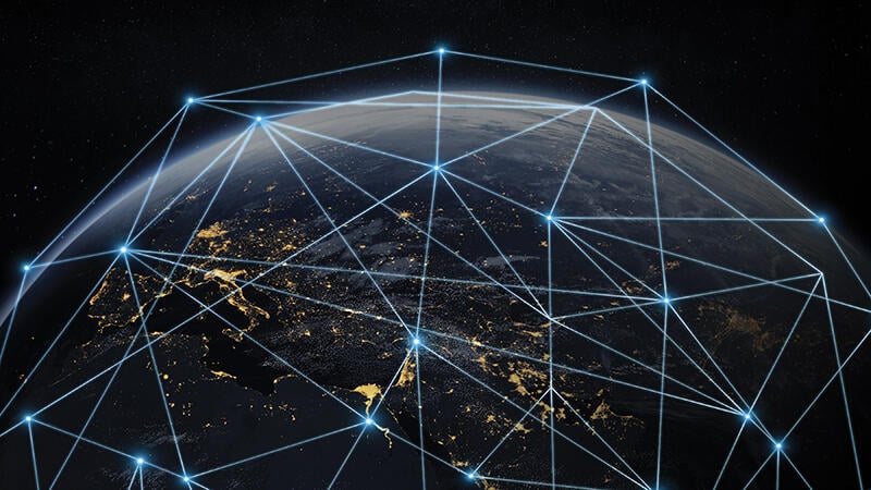 concept art of interconnected laser beams in space above europe