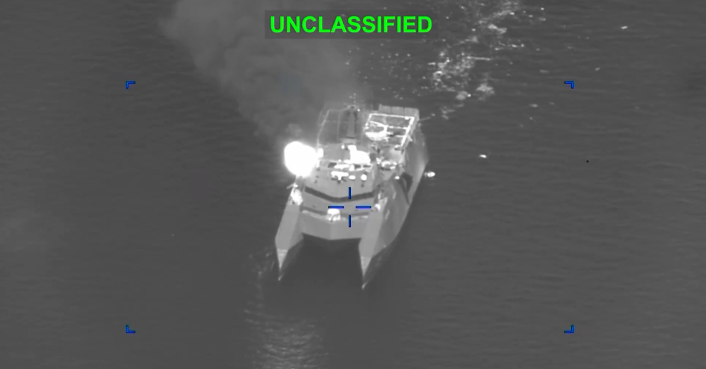 Screen capture of a U.S. strike on an Iranian Navy ship. Credit: U.S. Central Command