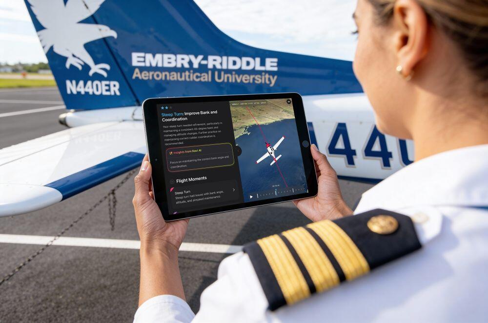 Art credit – Navi AI\  Caption – Embraer-Riddle helped develop the AI-based debriefing platform and is deploying the system in its pilot training programs