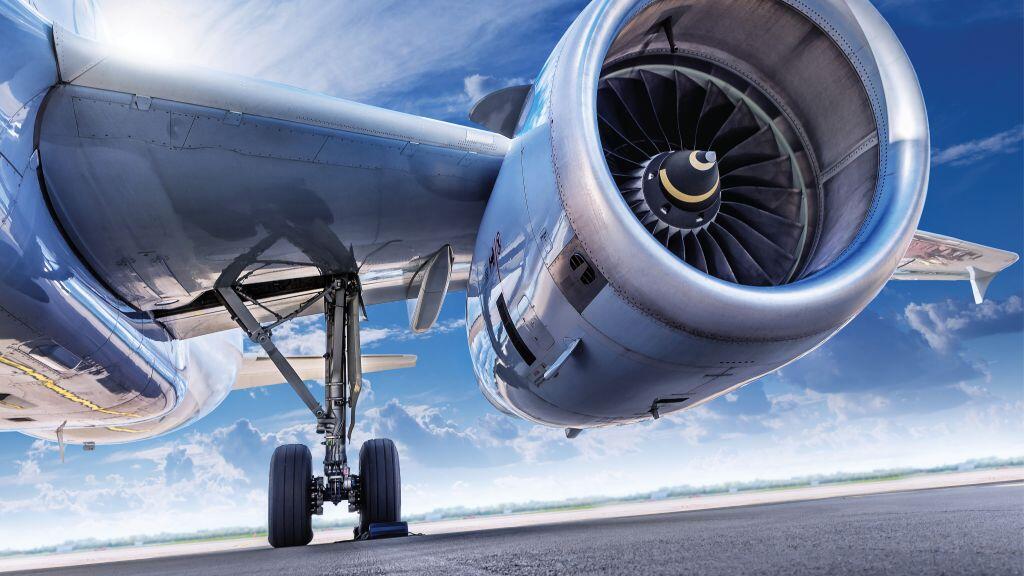Close up of airplane engine on the tarmac