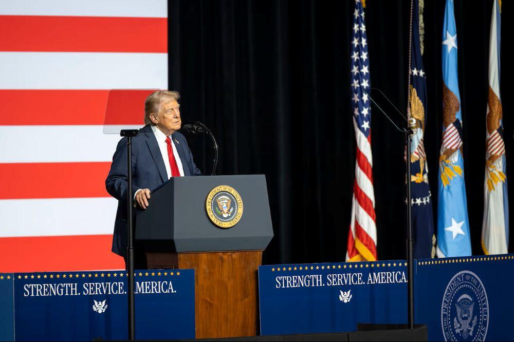President Donald Trump speakers to military leaders in September 2025 at Marine Corps Base Quantico, Virginia. Defense Department photo.