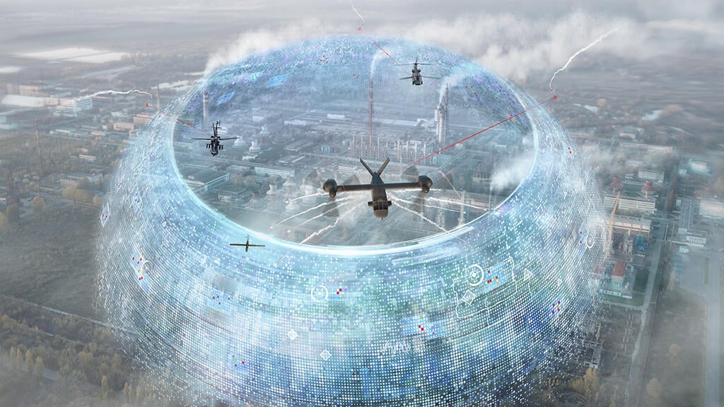 Defense aircraft soaring above an animated shield