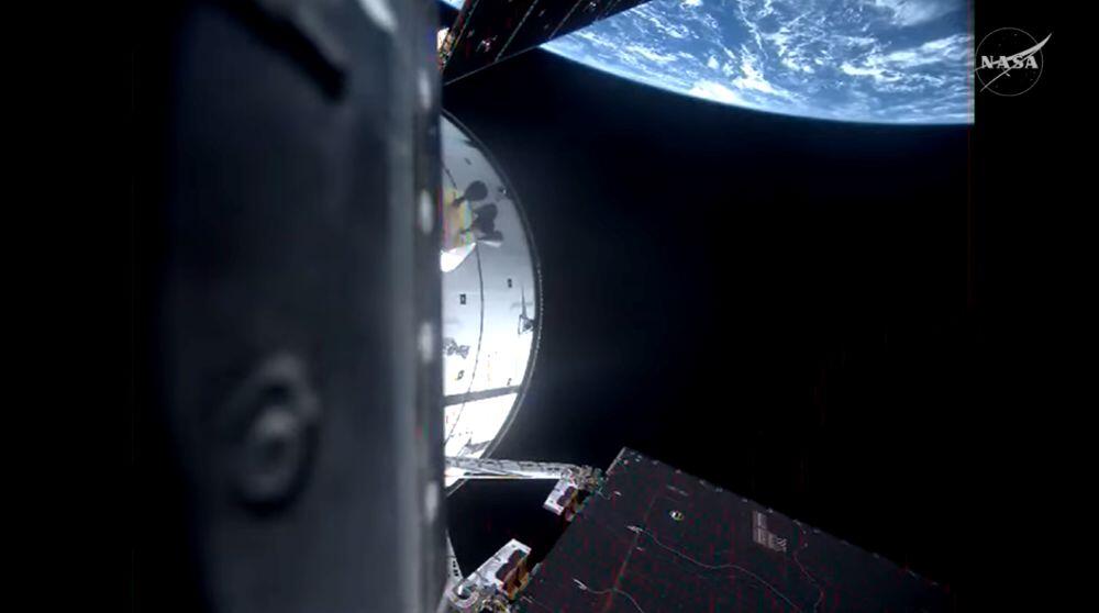 A view of the Earth’s horizon from NASA’s Orion spacecraft as it orbits above the planet during the first hours of the Artemis II test flight.