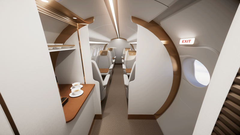 Eight-passenger cabin configuration of the ERA hybrid-electric aircraft with forward galley. 