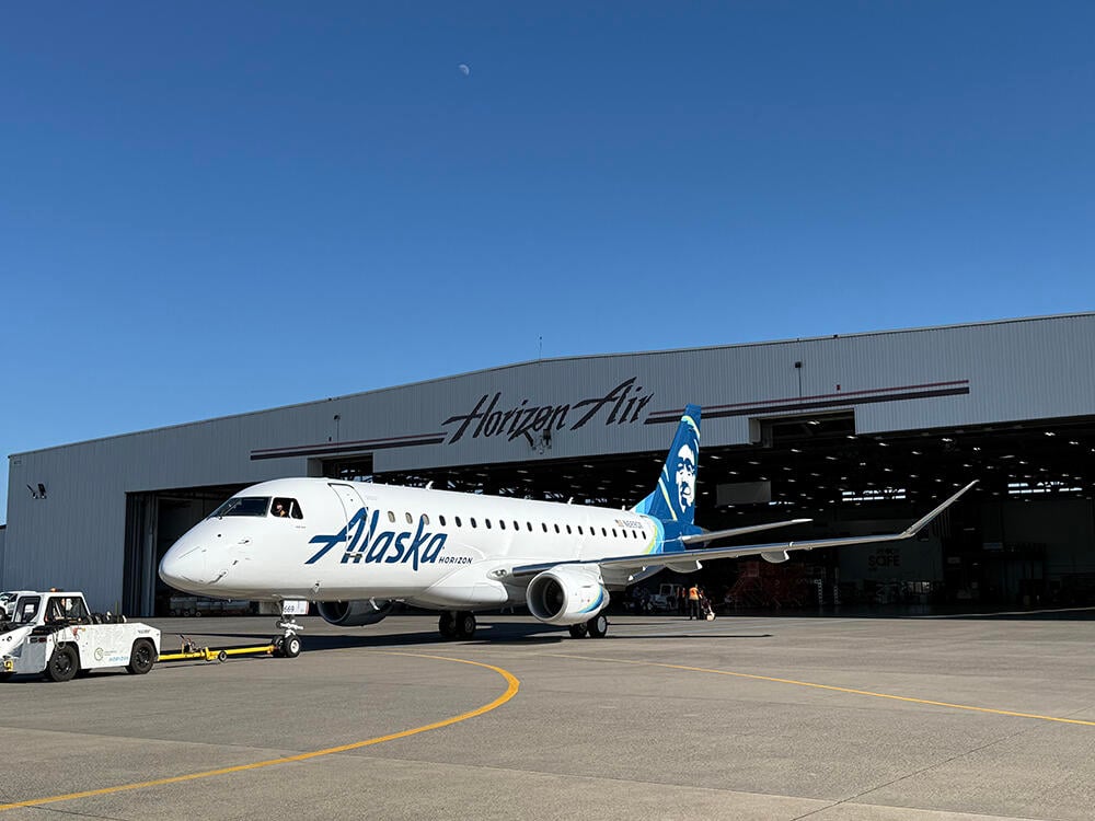 Horizon Air aircraft in front of PDX hangar