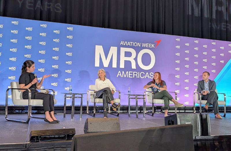 Aviation Week’s Christine Boynton (left) moderates an AI-focused panel at MRO Americas with (from left) Alice Belcher, Nicole Austin and Stephen Snyder.