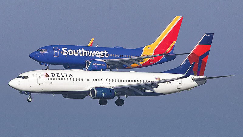 Southwest and Delta aircraft in flight