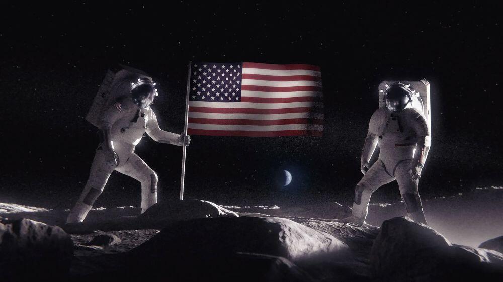 Artist’s concept showing two astronauts planting an American flag at the lunar South Pole. NASA/Daniel O’Neal