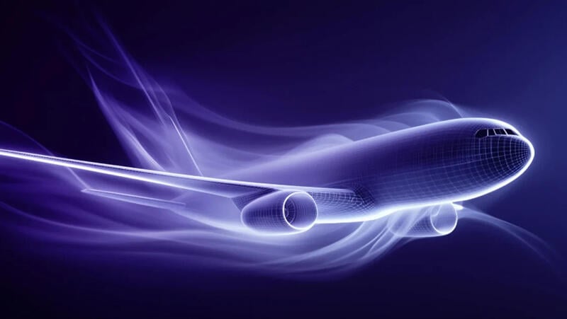 digital graphic of aircraft with abstract light trails