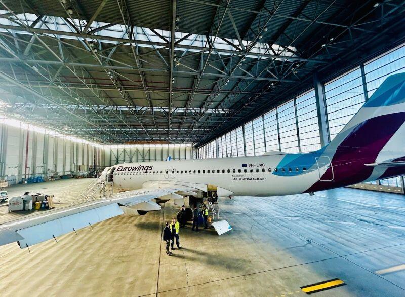 Eurowings A320 in a hangar