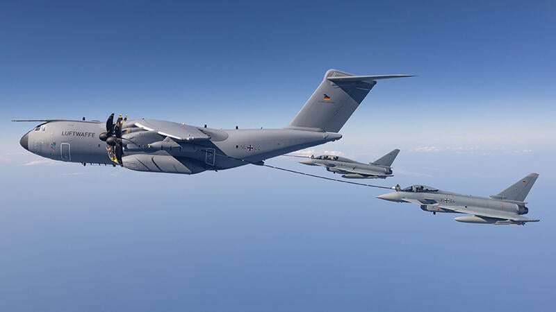 Airbus A400M and Eurofighter Typhoons in flight