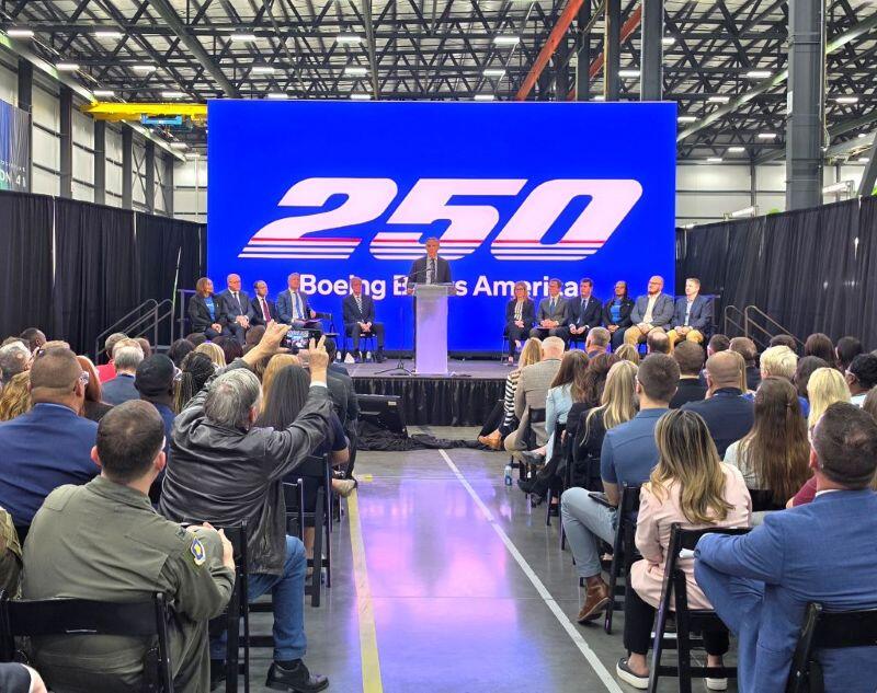 Kelly Ortberg speaking at the Boeing Backs America event 