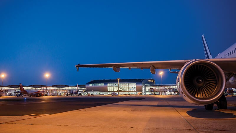 Paris airport tarmac showing passenger terminal building