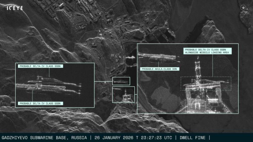 An ICEYE remote sensing image reveals multiple submarines are identifiable at a submarine base in Russia, including three Delta-IV class SSBNs and an Akula-class SSN. Credit: ICEYE