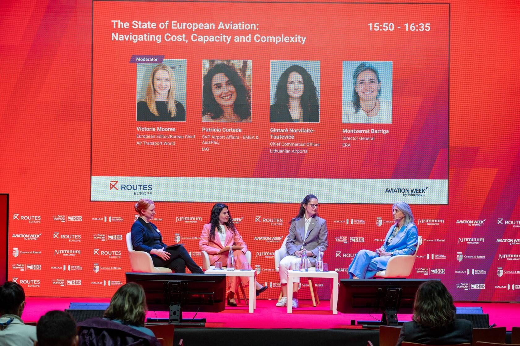 (L-R): Victoria Moores, ATW; Patricia Cortada, IAG; Gintarė Norvilaitė-Tautevičė, Lithuanian Airports; and Montserrat Barriga, European Regions Airline Association.