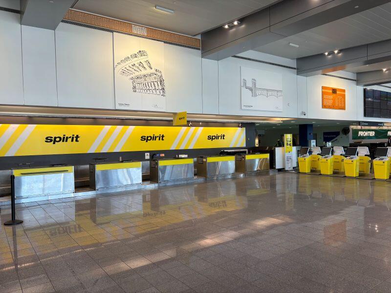 Spirit Airlines counters are empty at Cleveland Airport