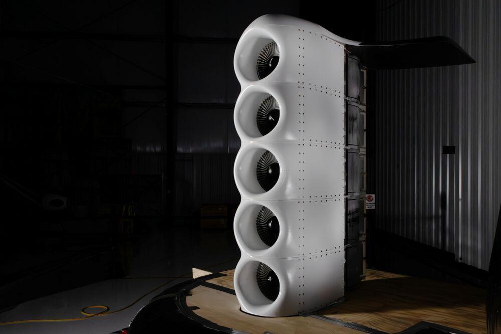 Art credit: Whisper Aero Caption: Whisper has tested a full-scale JetFoil wing section with five electric ducted fans blowing over a simple flap